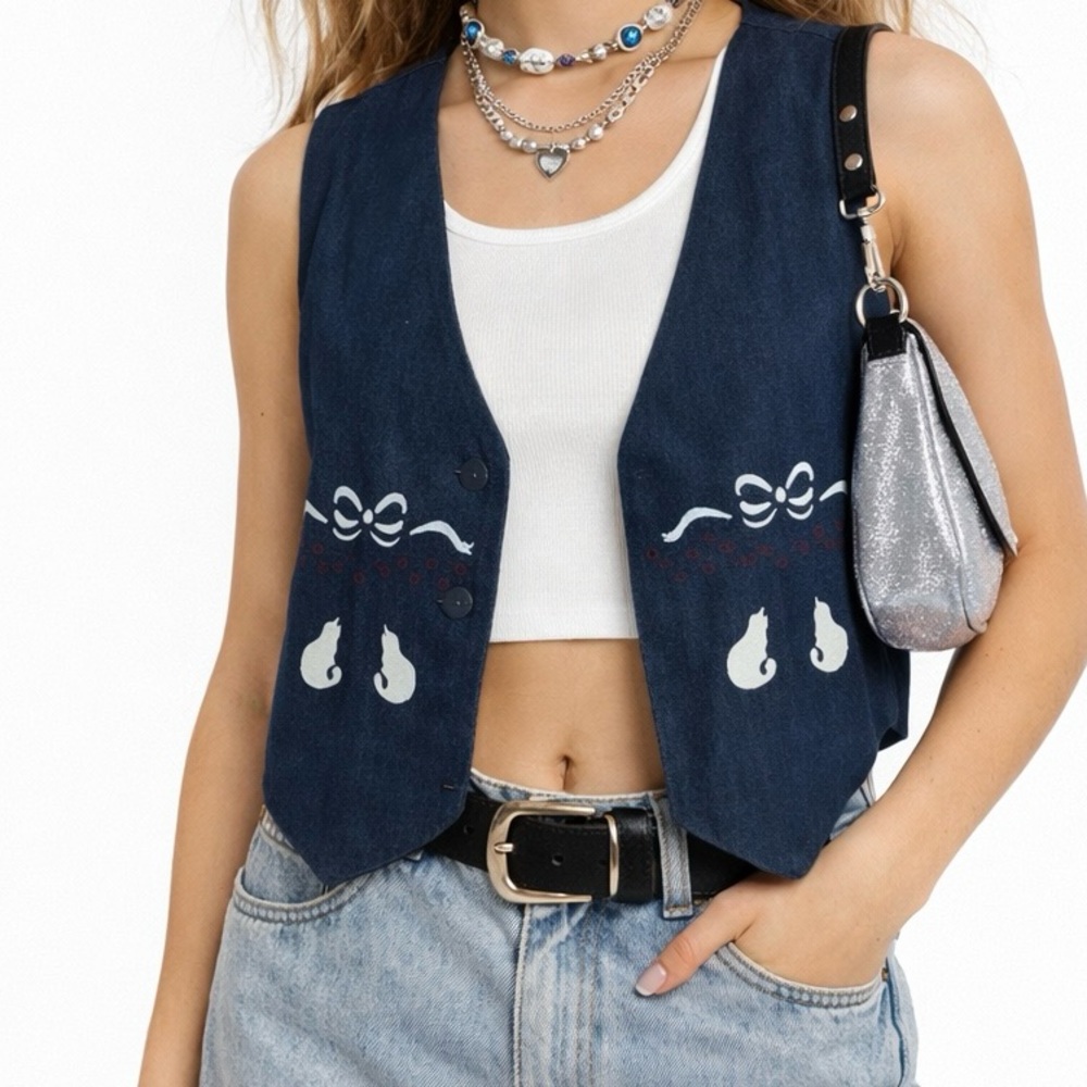 Navy Embroidered Crop Vest